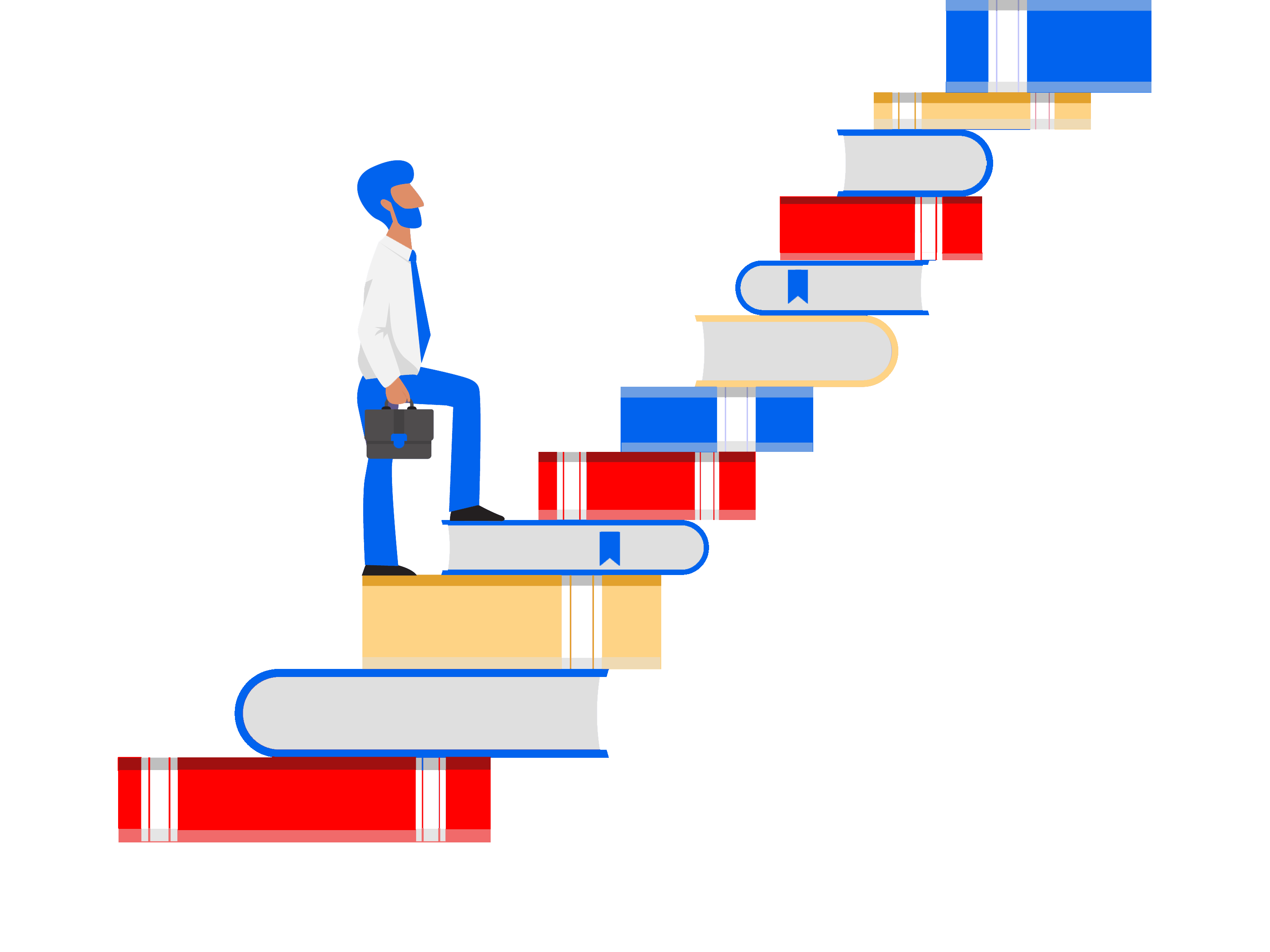 Man going up by book stairs